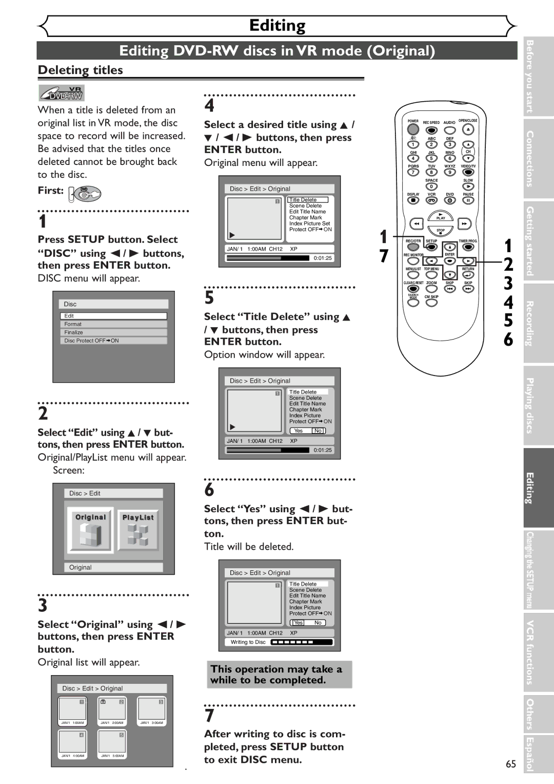 Sylvania SSR90V4 Editing DVD-RW discs in VR mode Original, Original menu will appear, Original list will appear 