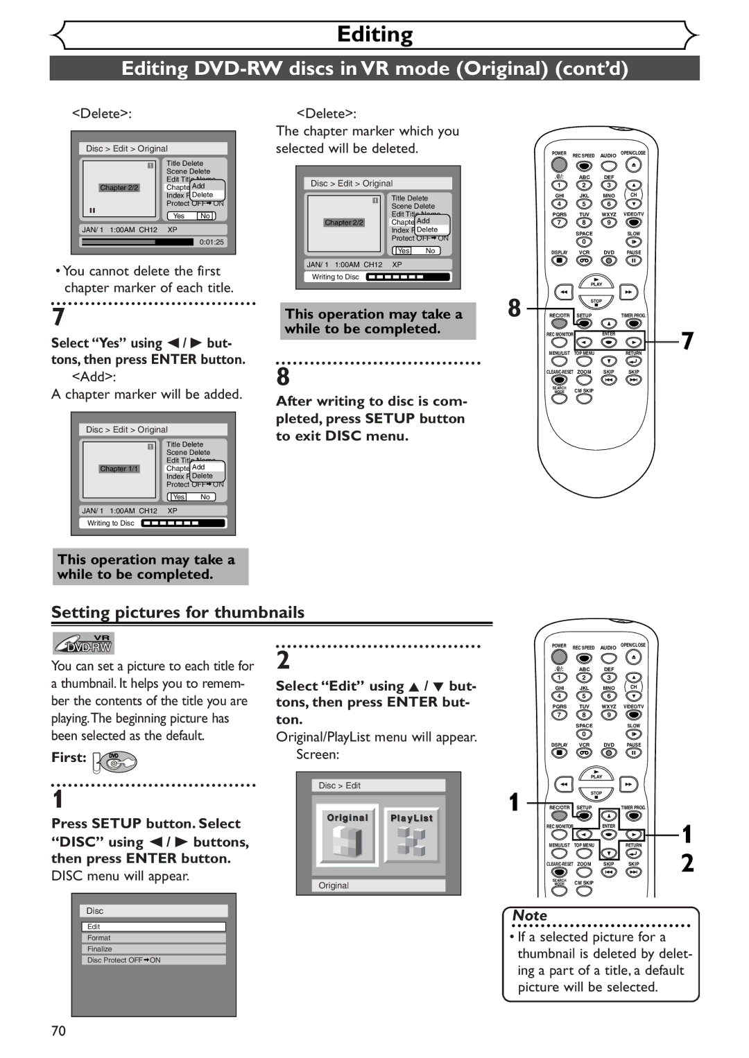 Sylvania SSR90V4 owner manual Setting pictures for thumbnails, Delete, Add Chapter marker will be added 