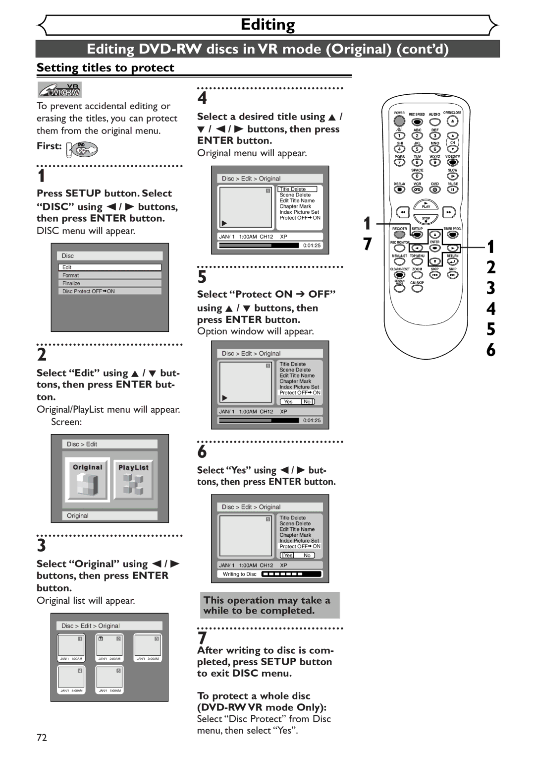 Sylvania SSR90V4 owner manual Setting titles to protect, Select Original using / B buttons, then press Enter button 