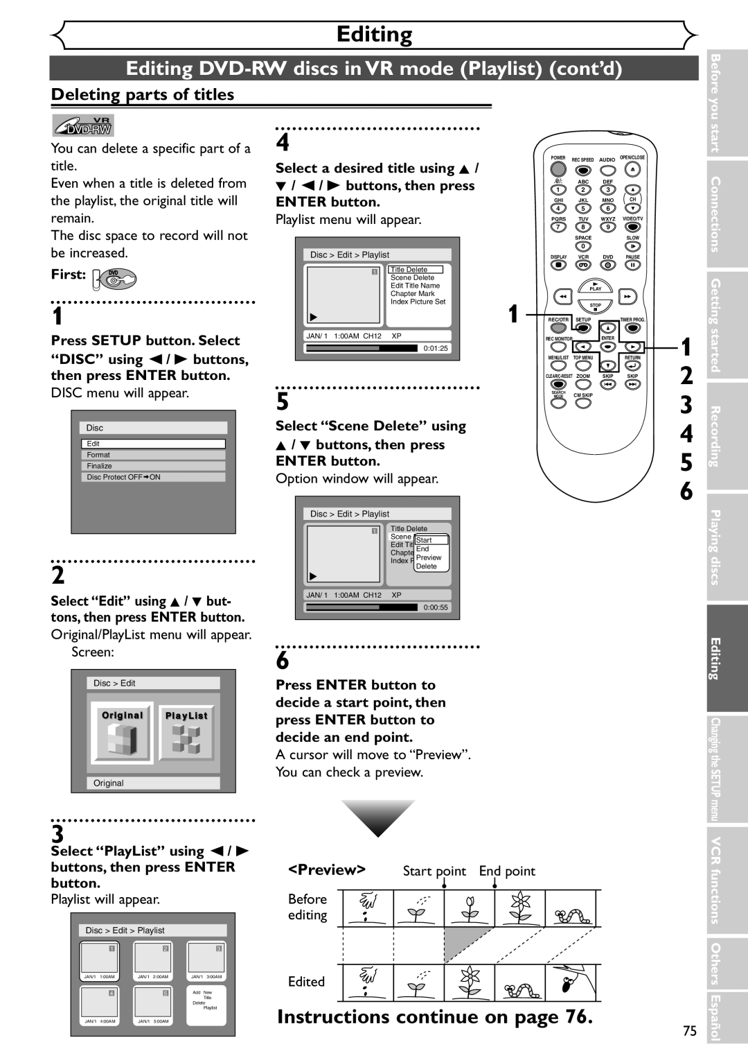 Sylvania SSR90V4 owner manual Editing DVD-RW discs in VR mode Playlist cont’d, Be increased, Instructions continue on 