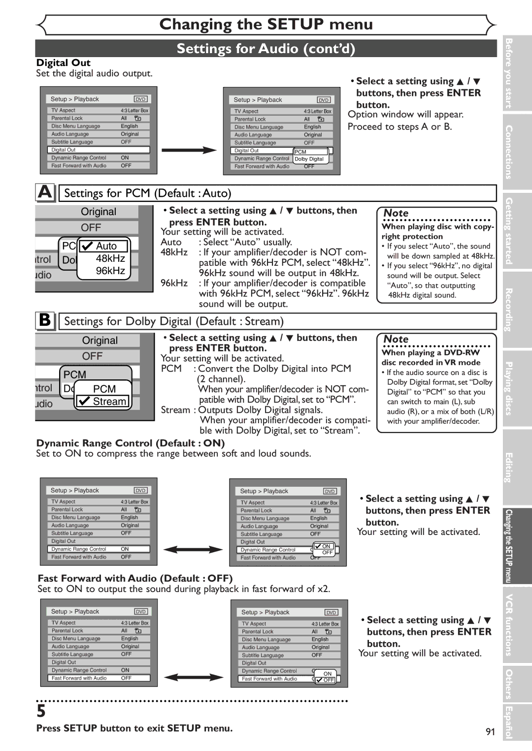 Sylvania SSR90V4 owner manual Settings for Audio cont’d 