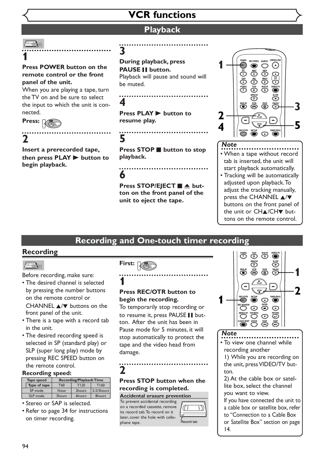 Sylvania SSR90V4 owner manual VCR functions, Playback, Recording and One-touch timer recording 