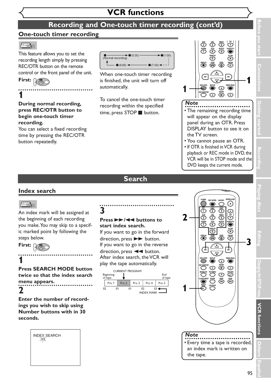 Sylvania SSR90V4 owner manual One-touch timer recording, Index search, During normal recording, Press REC/OTR button to 