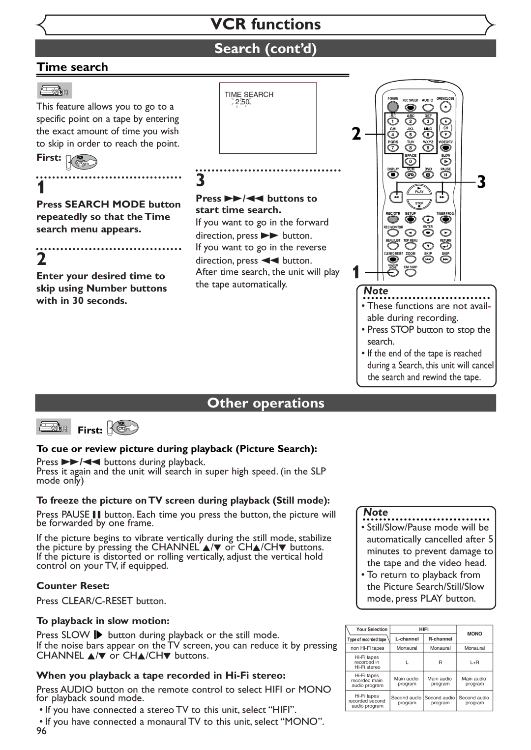 Sylvania SSR90V4 Other operations, Press g/h buttons to start time search, Counter Reset, To playback in slow motion 