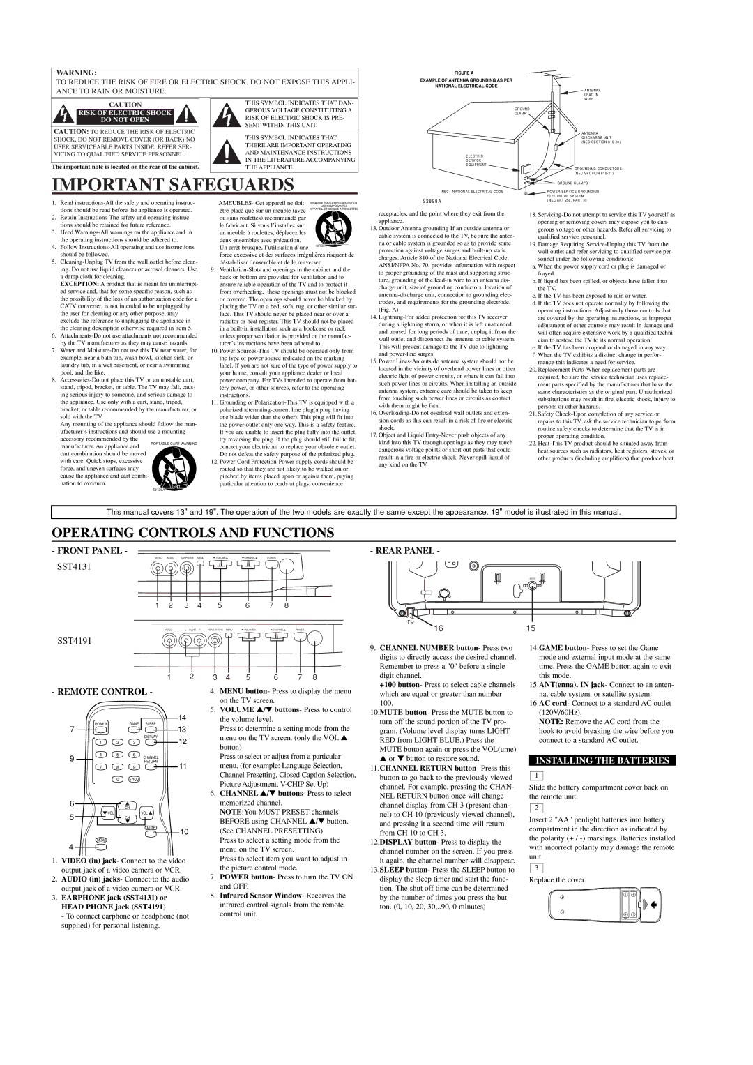 Sylvania SST4131, SST4191 Rear Panel, Installing the Batteries, Earphone jack SST4131 or Head Phone jack SST4191 