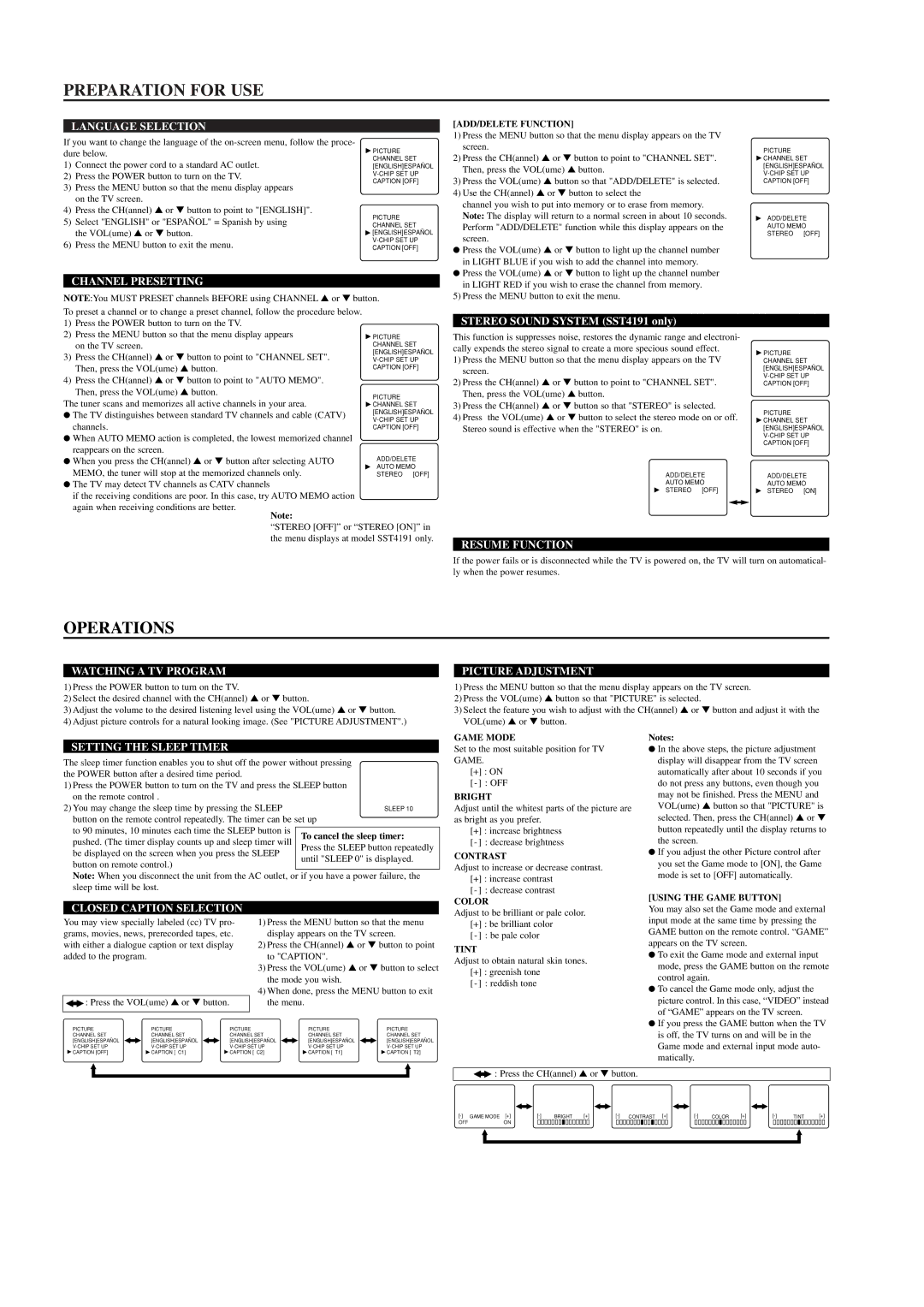 Sylvania SST4131, SST4191 owner manual Preparation for USE, Operations 