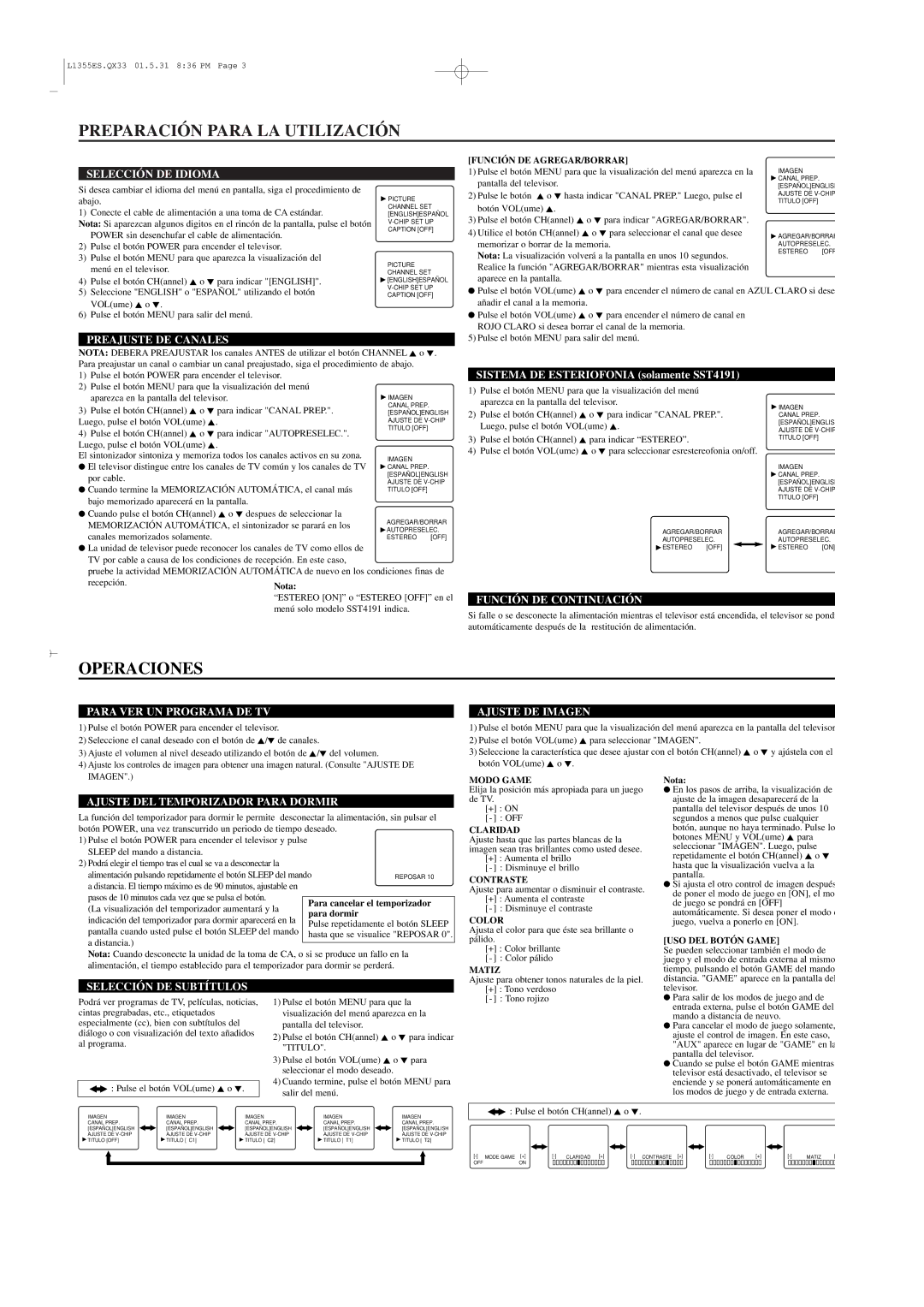 Sylvania SST4131, SST4191 owner manual Preparación Para LA Utilización, Operaciones 