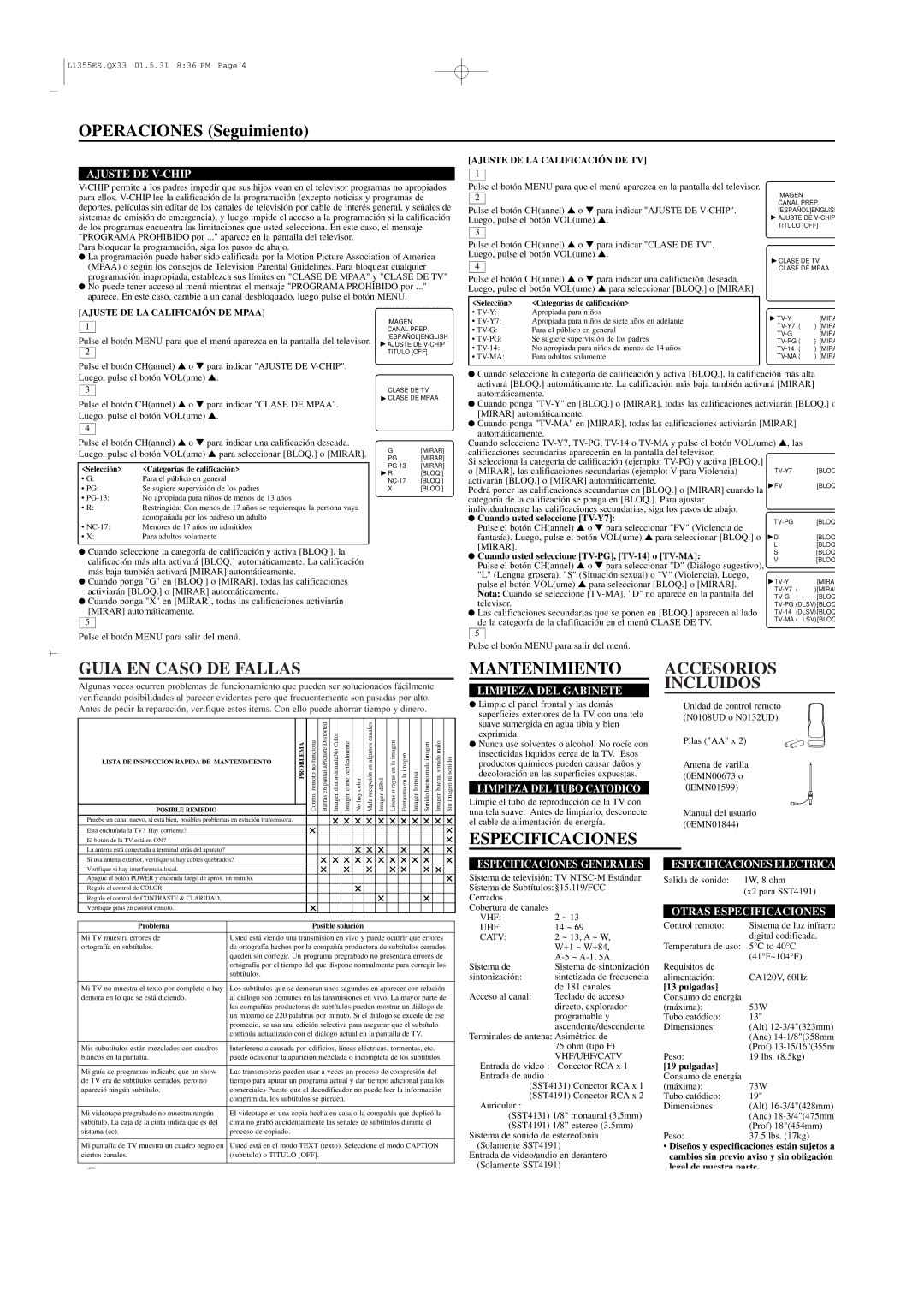 Sylvania SST4131, SST4191 owner manual Operaciones Seguimiento, Guia EN Caso DE Fallas, Mantenimiento, Accesorios Incluidos 