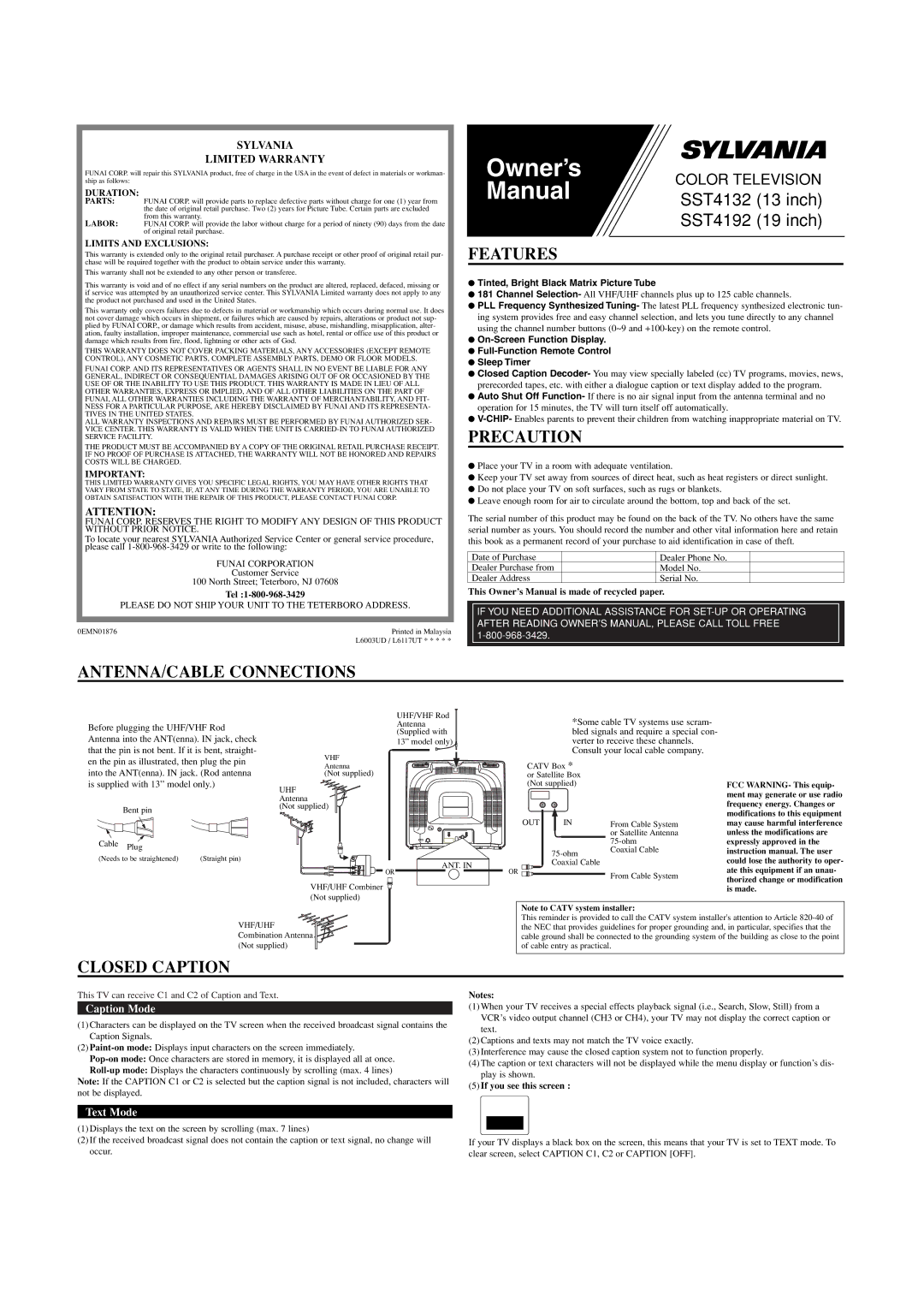 Sylvania SST4132, SST4192 owner manual Features, Precaution, ANTENNA/CABLE Connections, Closed Caption 