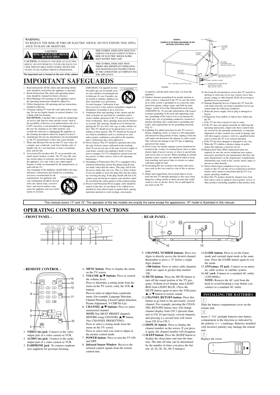 Sylvania SST4132, SST4192 owner manual Important Safeguards, Rear Panel, Remote Control, Installing the Batteries 