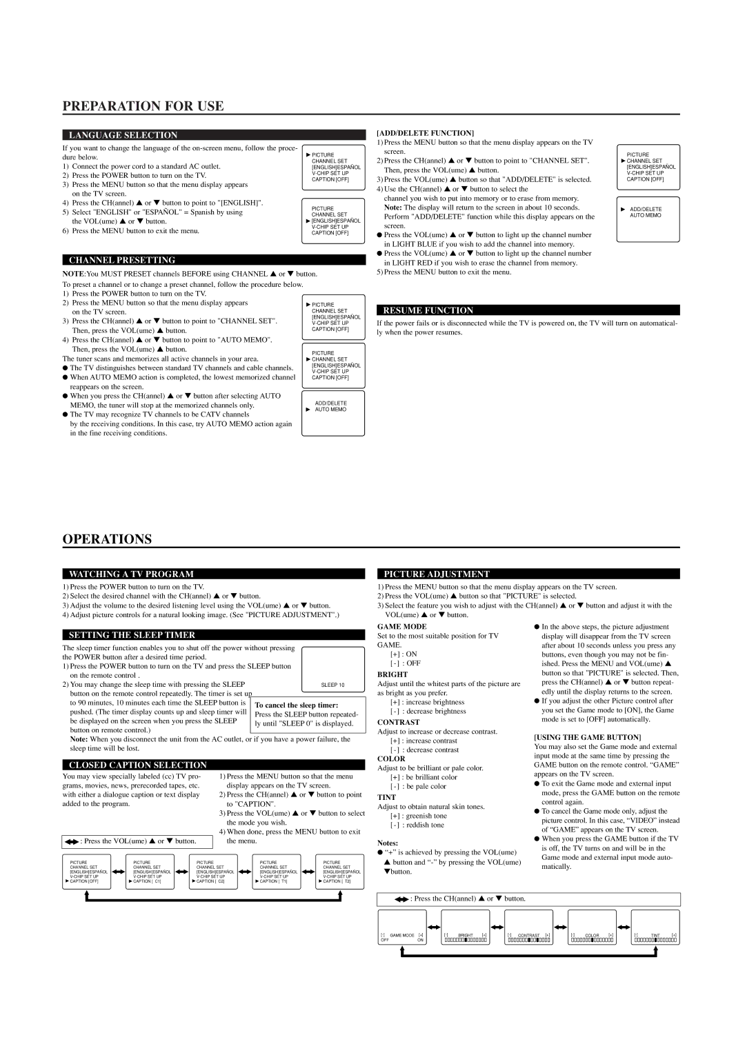 Sylvania SST4132, SST4192 owner manual Preparation for USE, Operations 