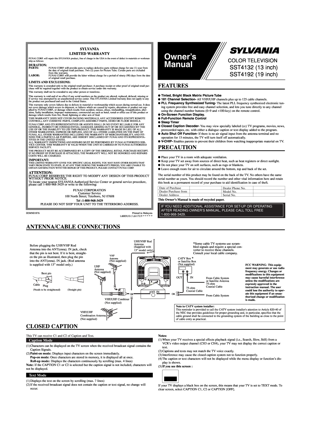 Sylvania SST4132, SST4192 owner manual Features, Precaution, Antenna/Cable Connections, Closed Caption, Caption Mode 