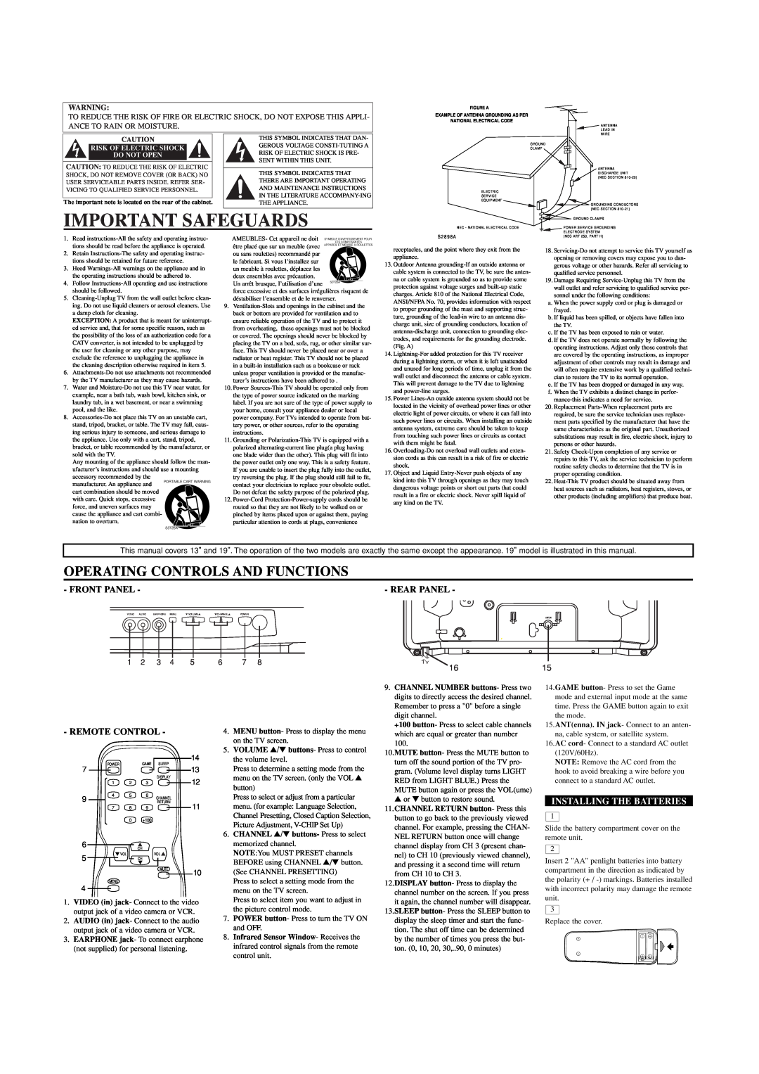 Sylvania SST4132, SST4192 owner manual Important Safeguards, Rear Panel, Remote Control, Installing The Batteries, 1615 