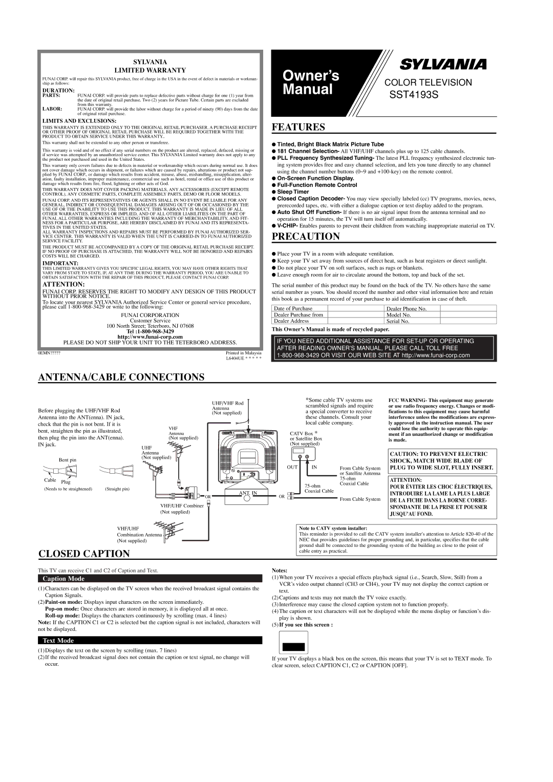 Sylvania SST4193S owner manual Features, Precaution, ANTENNA/CABLE Connections, Closed Caption 