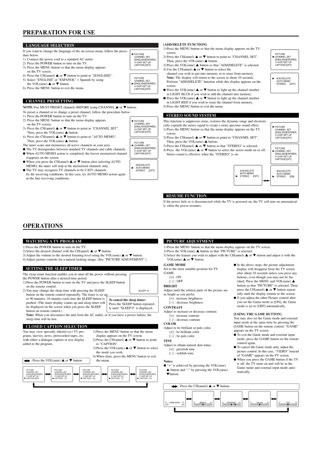 Sylvania SST4193S owner manual Preparation for USE, Operations 