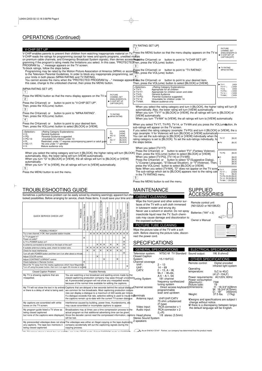 Sylvania SST4193S owner manual Troubleshooting Guide, Maintenance, Supplied Accessories, Specifications 