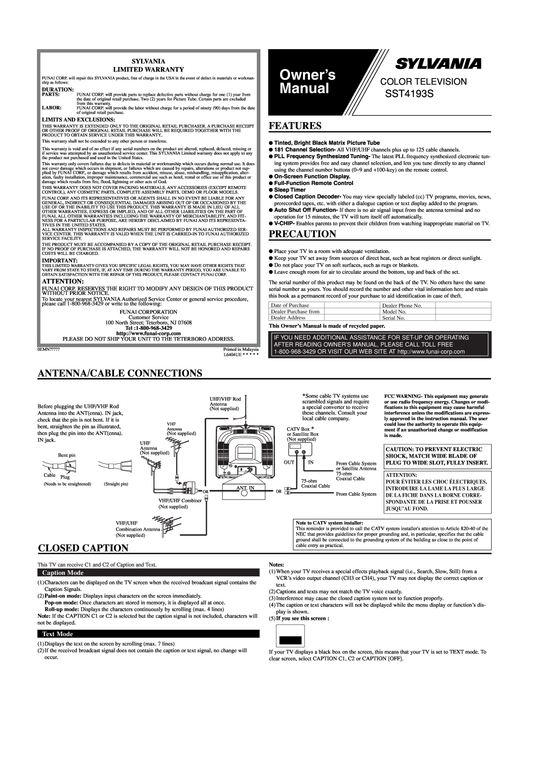 Sylvania SST4193S owner manual Features, Precaution, Antenna/Cable Connections, Closed Caption, Sylvania Limited Warranty 