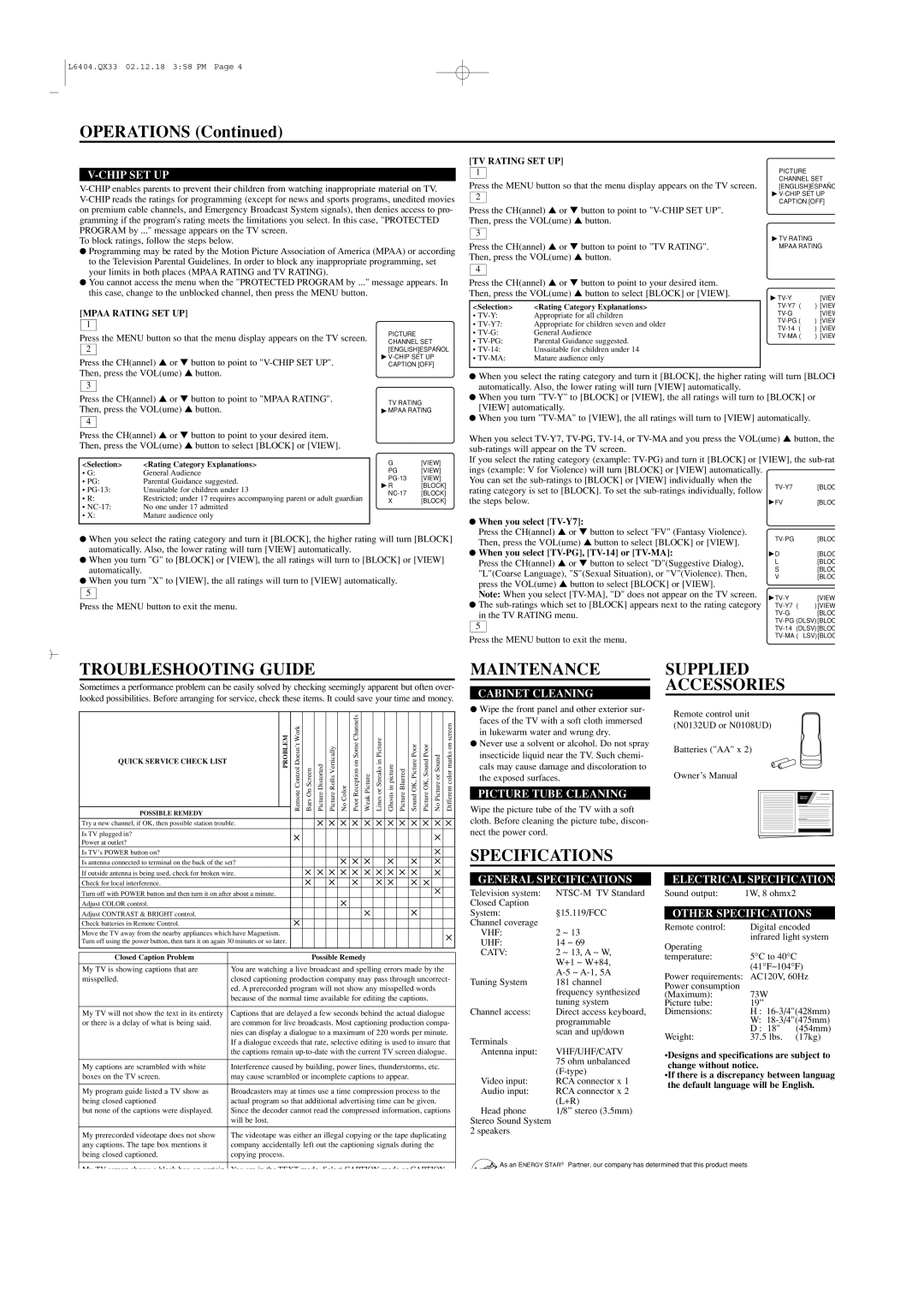 Sylvania SST4193S OPERATIONS Continued, Troubleshooting Guide, Maintenance, Supplied Accessories, Specifications 