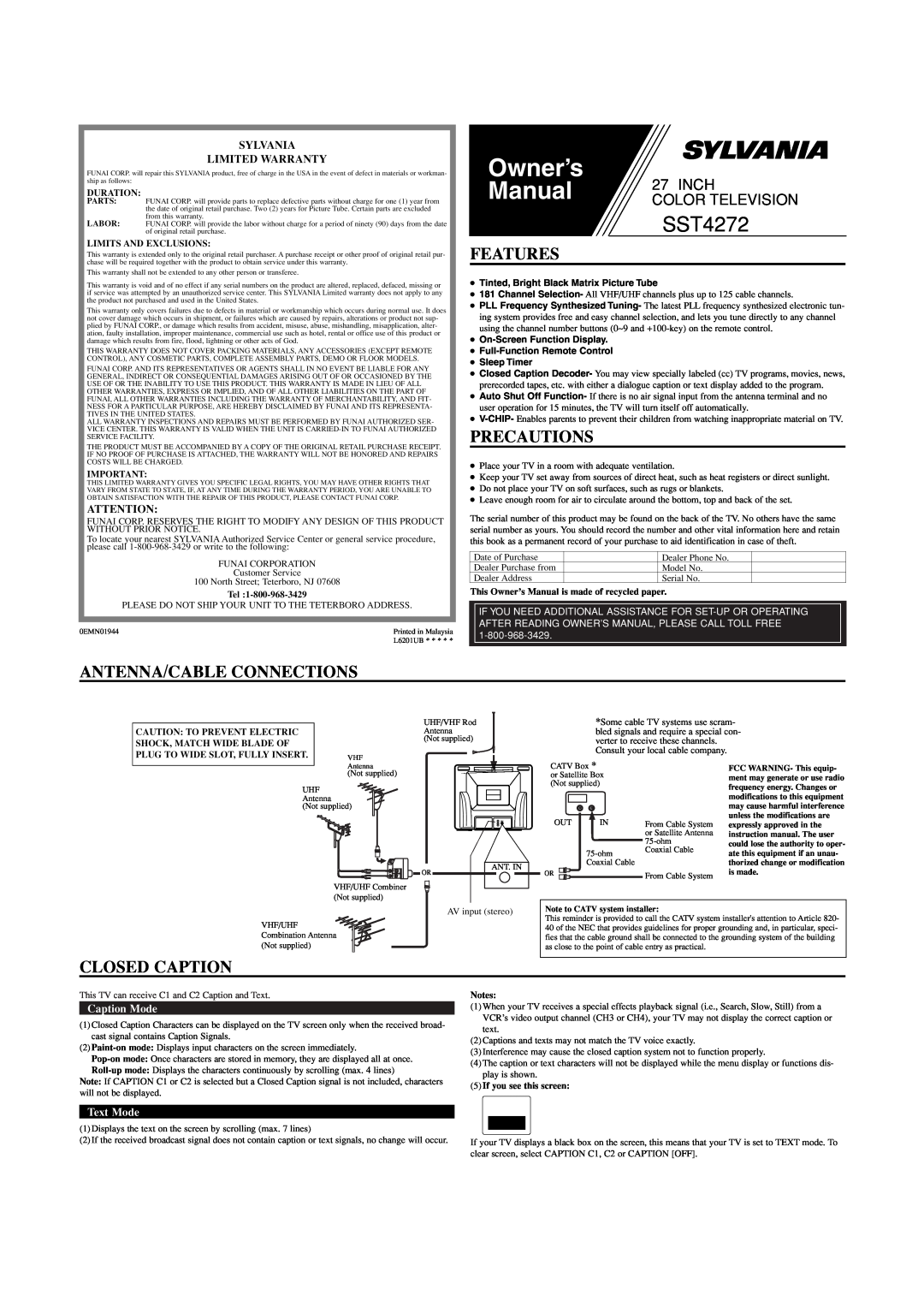 Sylvania SST4272 owner manual Features, Precautions, Antenna/Cable Connections, Closed Caption, Sylvania Limited Warranty 