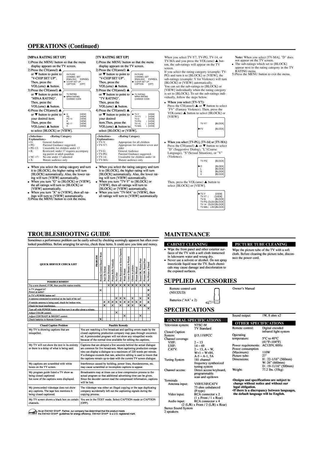 Sylvania SST4272 OPERATIONS Continued, Troubleshooting Guide, Maintenance, Supplied Accessories, Specifications 