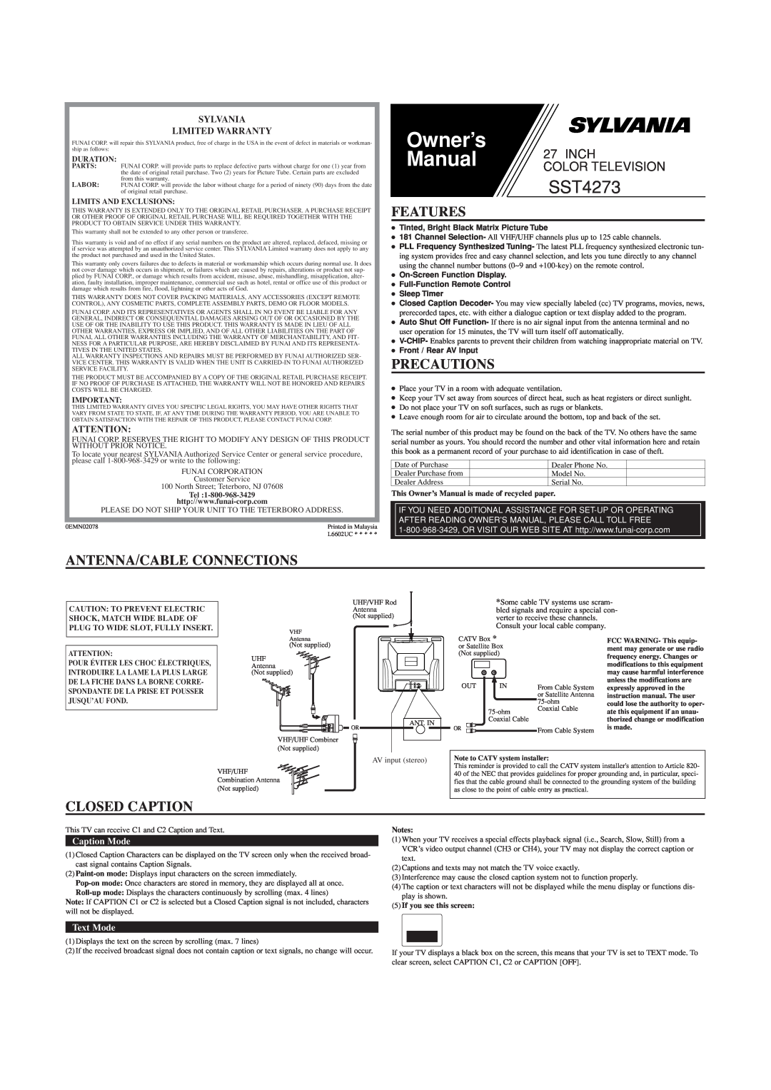 Sylvania SST4273 owner manual Features, Precautions, Antenna/Cable Connections, Closed Caption, Sylvania Limited Warranty 