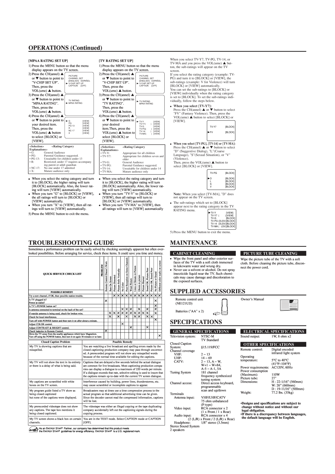 Sylvania SST4273 OPERATIONS Continued, Troubleshooting Guide, Maintenance, Supplied Accessories, Specifications 