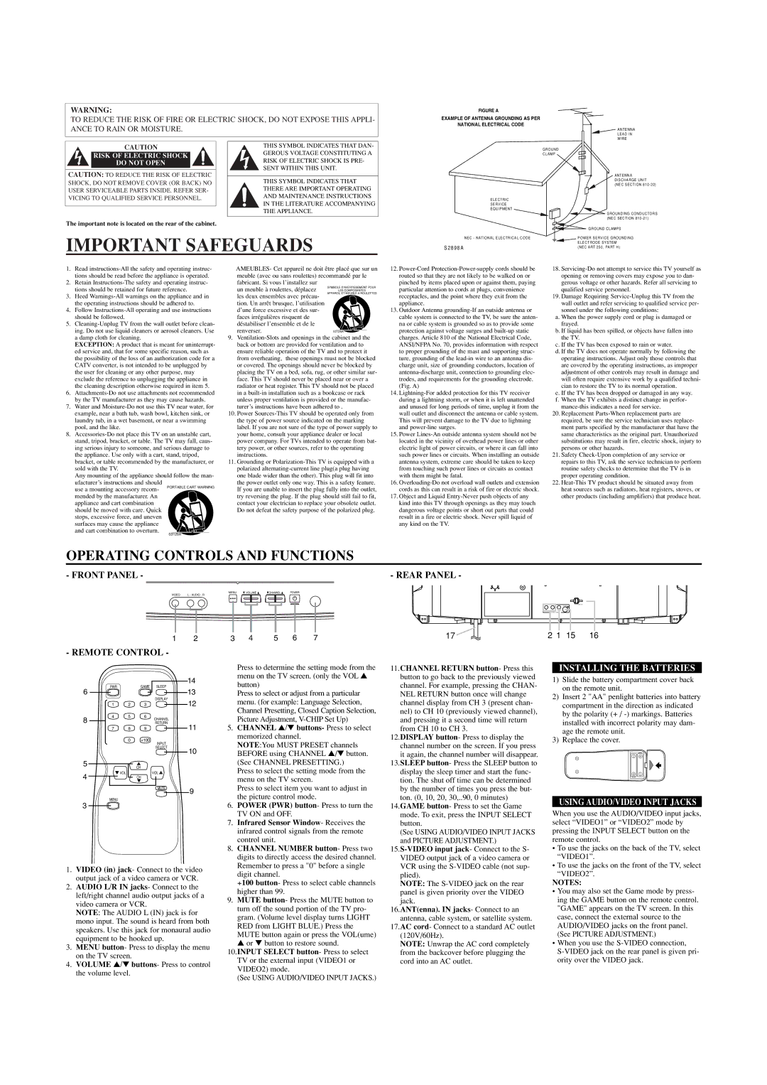 Sylvania SST4322 owner manual Important Safeguards, Rear Panel, Installing the Batteries, Using AUDIO/VIDEO Input Jacks 