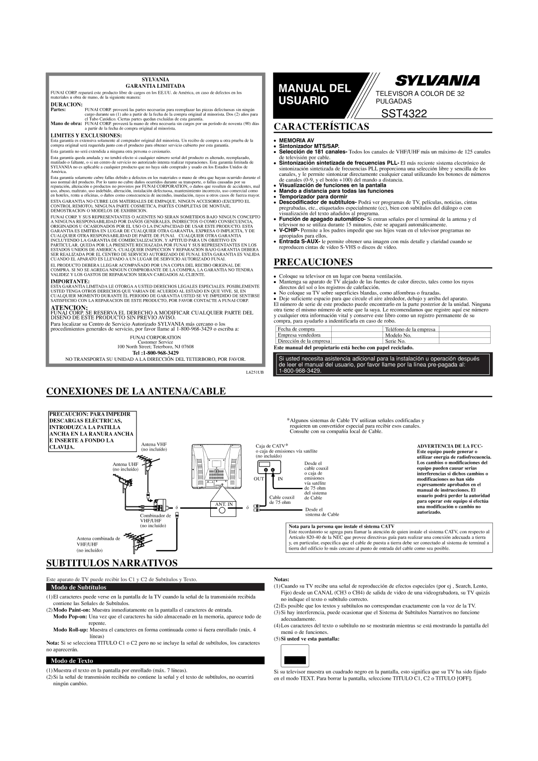 Sylvania SST4322 owner manual Características, Precauciones, Conexiones DE LA ANTENA/CABLE, Subtitulos Narrativos, Atencion 