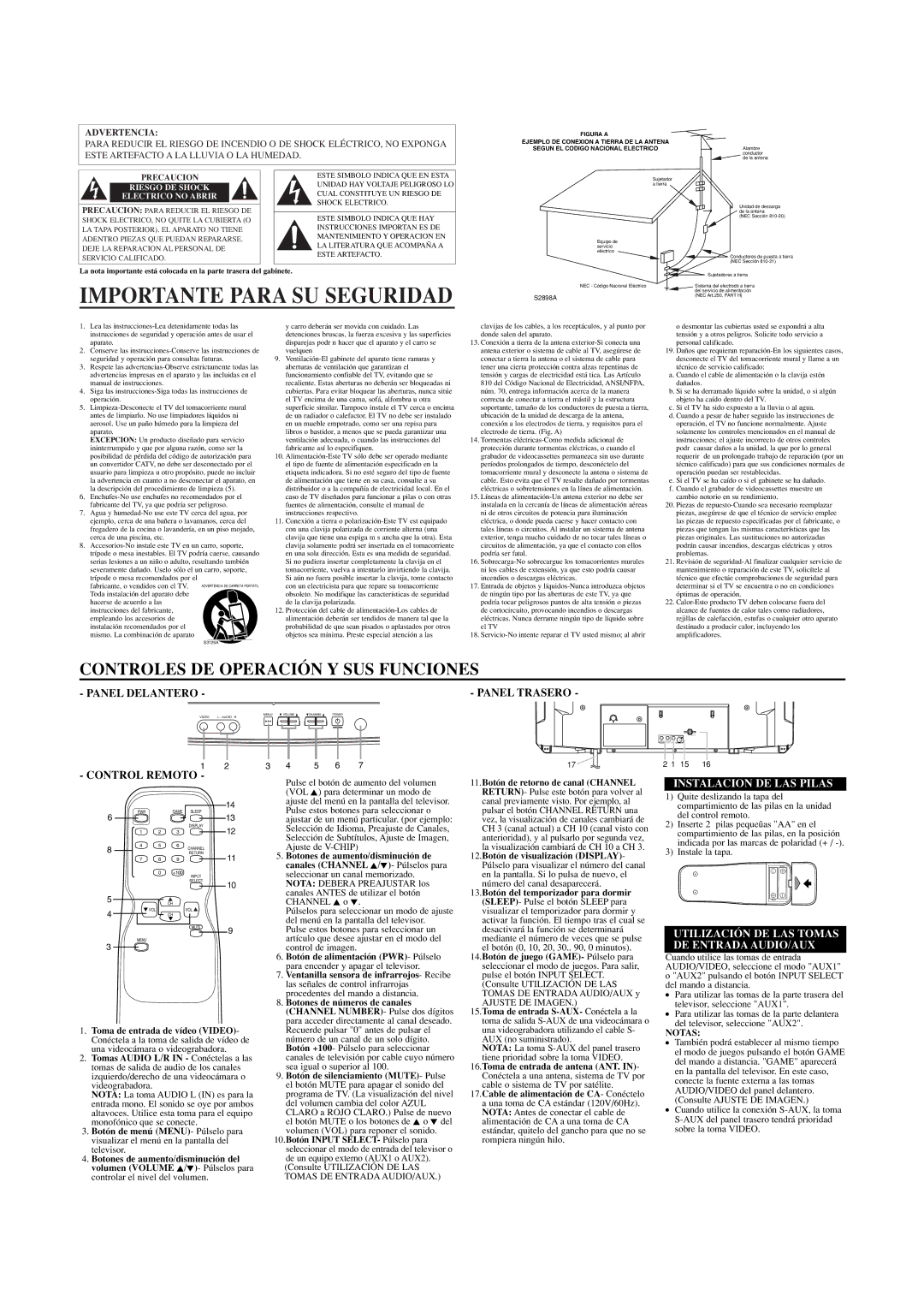 Sylvania SST4322 owner manual Importante Para SU Seguridad, Panel Trasero Control Remoto, Instalacion DE LAS Pilas 