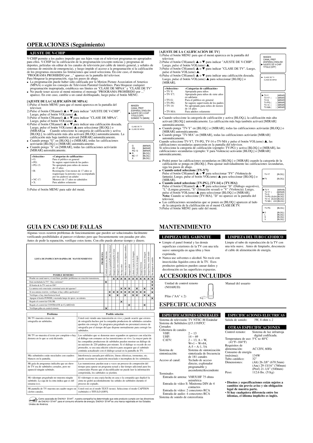 Sylvania SST4322 owner manual Guia EN Caso DE Fallas, Mantenimiento, Accesorios Incluidos, Especificaciones 