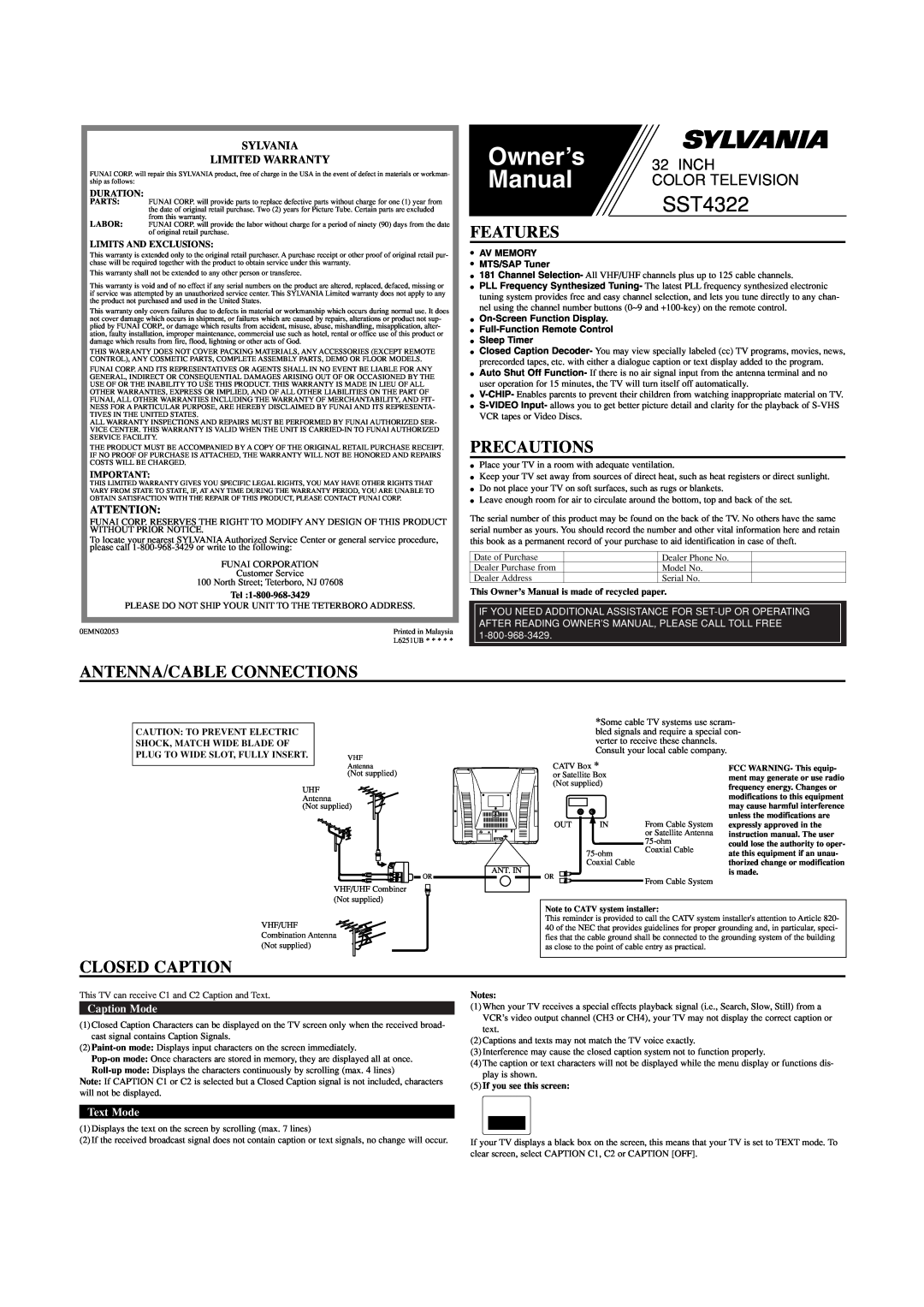 Sylvania SST4322 owner manual Features, Precautions, Antenna/Cable Connections, Closed Caption, Sylvania Limited Warranty 