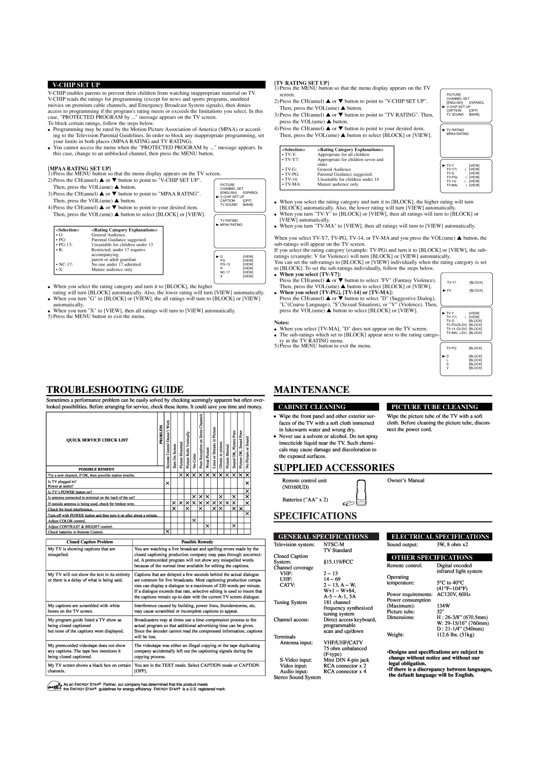 Sylvania SST4322 Troubleshooting Guide, Maintenance, Supplied Accessories, Specifications, V-Chip Set Up, Cabinet Cleaning 