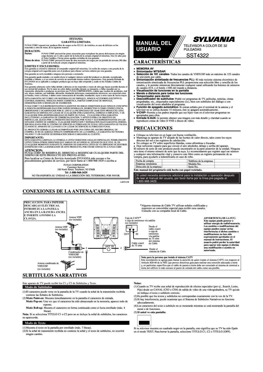 Sylvania SST4322 Características, Precauciones, Conexiones De La Antena/Cable, Subtitulos Narrativos, Atencion, Manual Del 