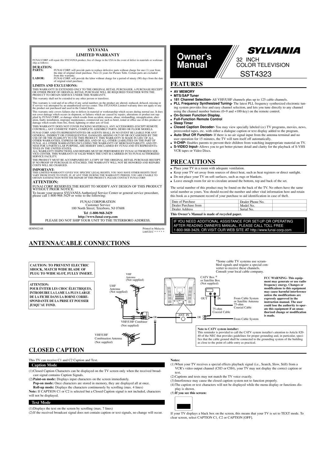 Sylvania SST4323 owner manual Features, Precautions, ANTENNA/CABLE Connections, Closed Caption 