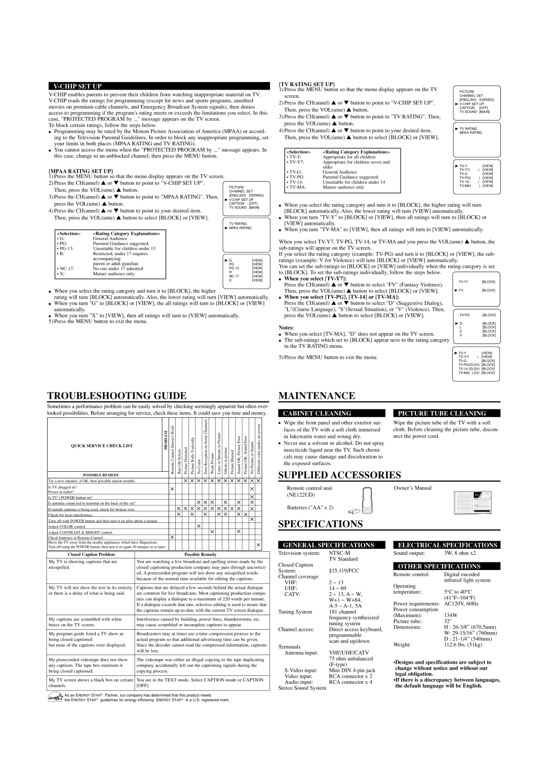 Sylvania SST4323 owner manual Troubleshooting Guide, Maintenance, Supplied Accessories, Specifications 