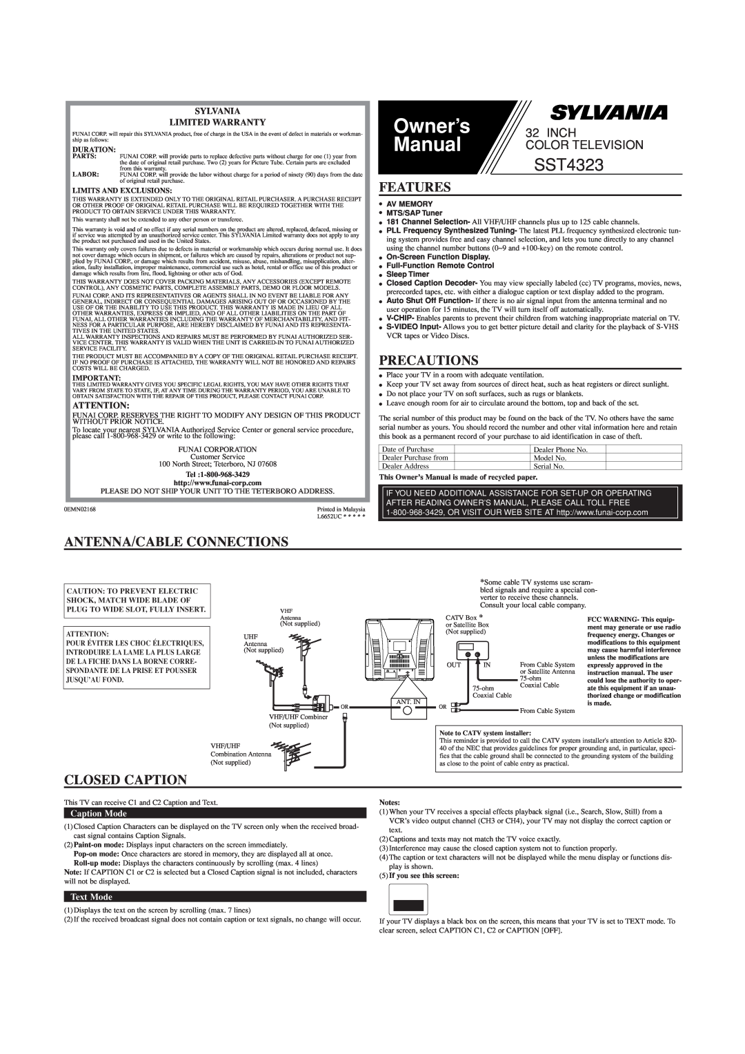 Sylvania SST4323 owner manual Features, Precautions, Antenna/Cable Connections, Closed Caption, Sylvania Limited Warranty 
