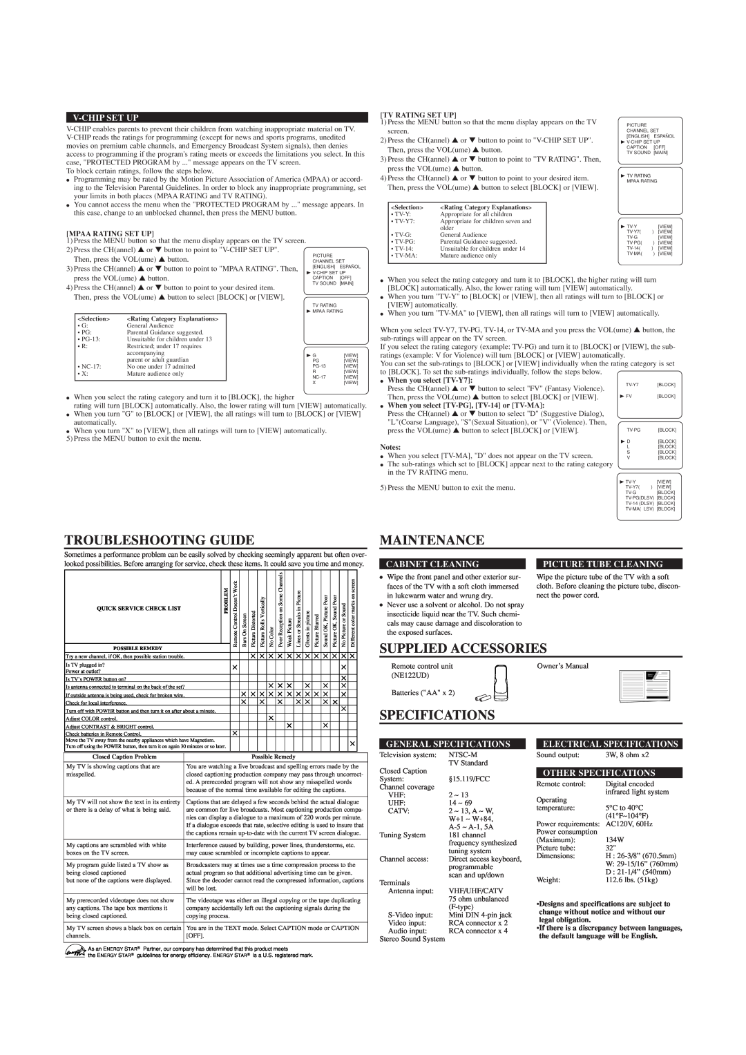 Sylvania SST4323 Troubleshooting Guide, Maintenance, Supplied Accessories, Specifications, V-Chip Set Up, Cabinet Cleaning 