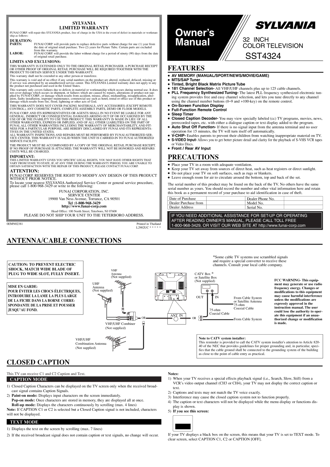 Sylvania SST4324 owner manual Features, Precautions, ANTENNA/CABLE Connections, Closed Caption 