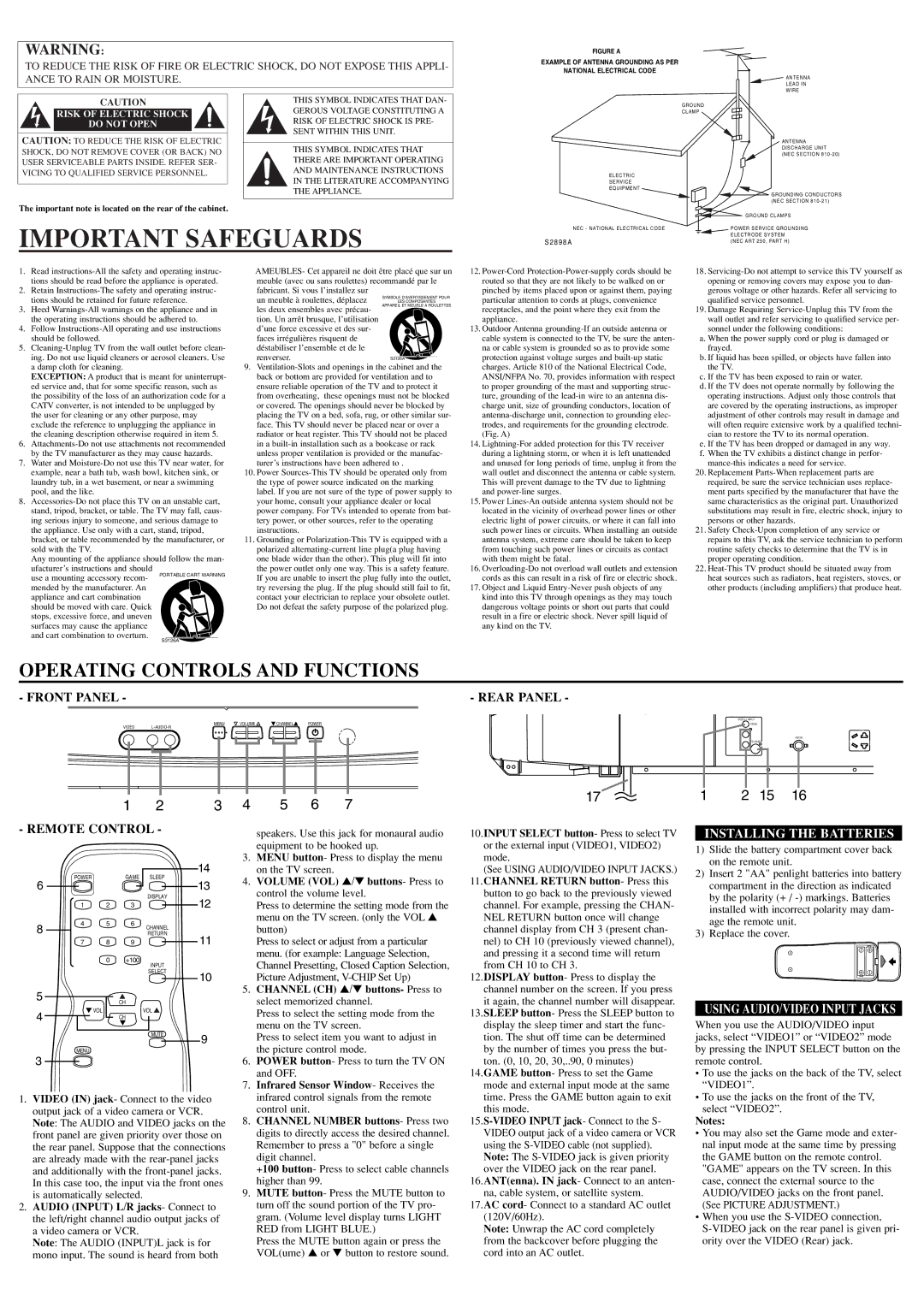 Sylvania SST4324 Important Safeguards, Rear Panel, Remote Control, Installing the Batteries, Using AUDIO/VIDEO Input Jacks 