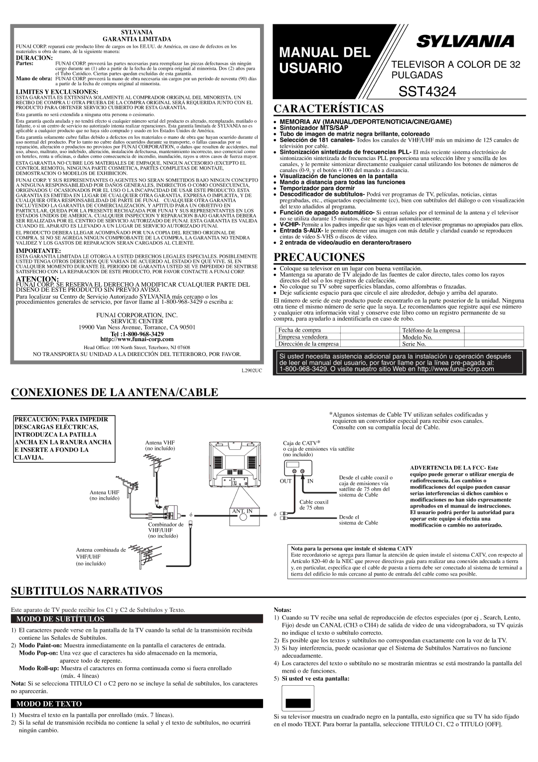 Sylvania SST4324 owner manual Características, Precauciones, Conexiones DE LA ANTENA/CABLE, Subtitulos Narrativos 