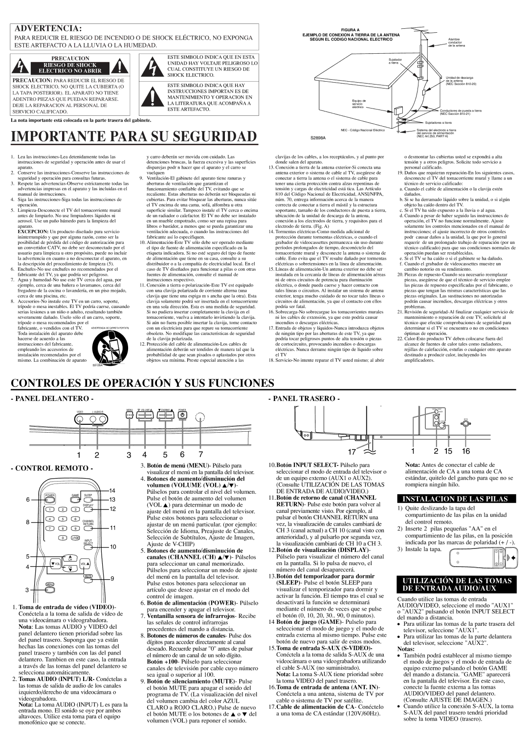 Sylvania SST4324 owner manual Importante Para SU Seguridad, Panel Trasero, Control Remoto, Instalacion DE LAS Pilas 