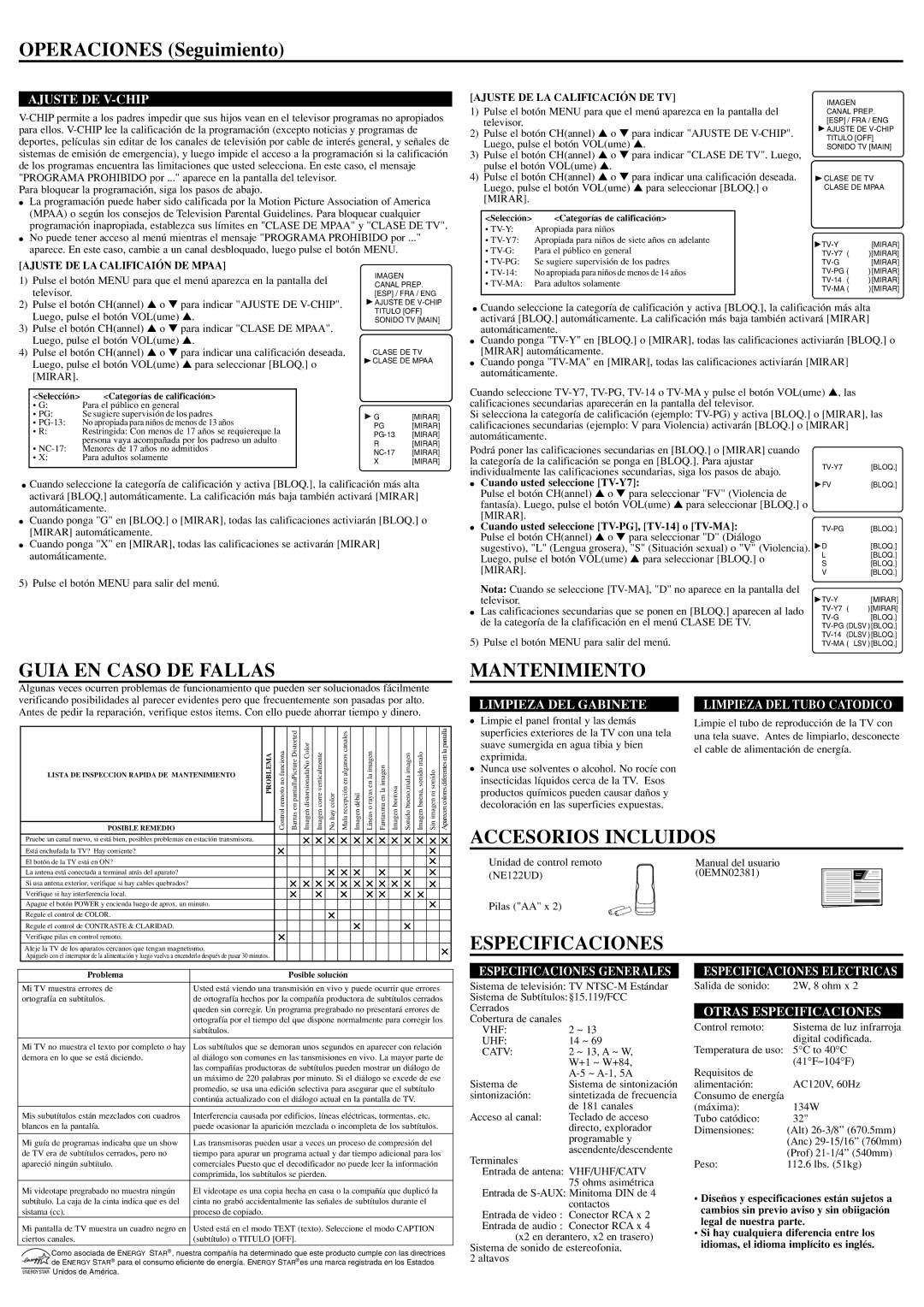 Sylvania SST4324 Operaciones Seguimiento, Guia EN Caso DE Fallas, Mantenimiento, Accesorios Incluidos, Especificaciones 