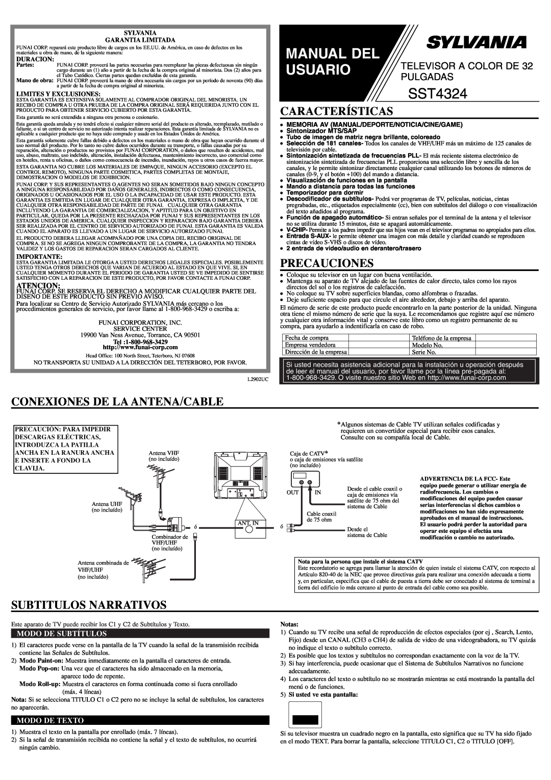 Sylvania SST4324 Características, Precauciones, Conexiones De La Antena/Cable, Subtitulos Narrativos, Atencion, Manual Del 