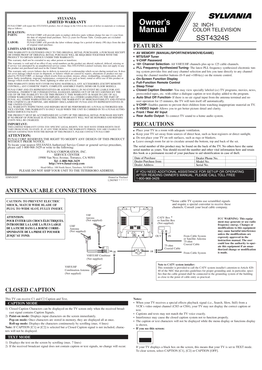 Sylvania SST4324S owner manual Features, Precautions, ANTENNA/CABLE Connections, Closed Caption 