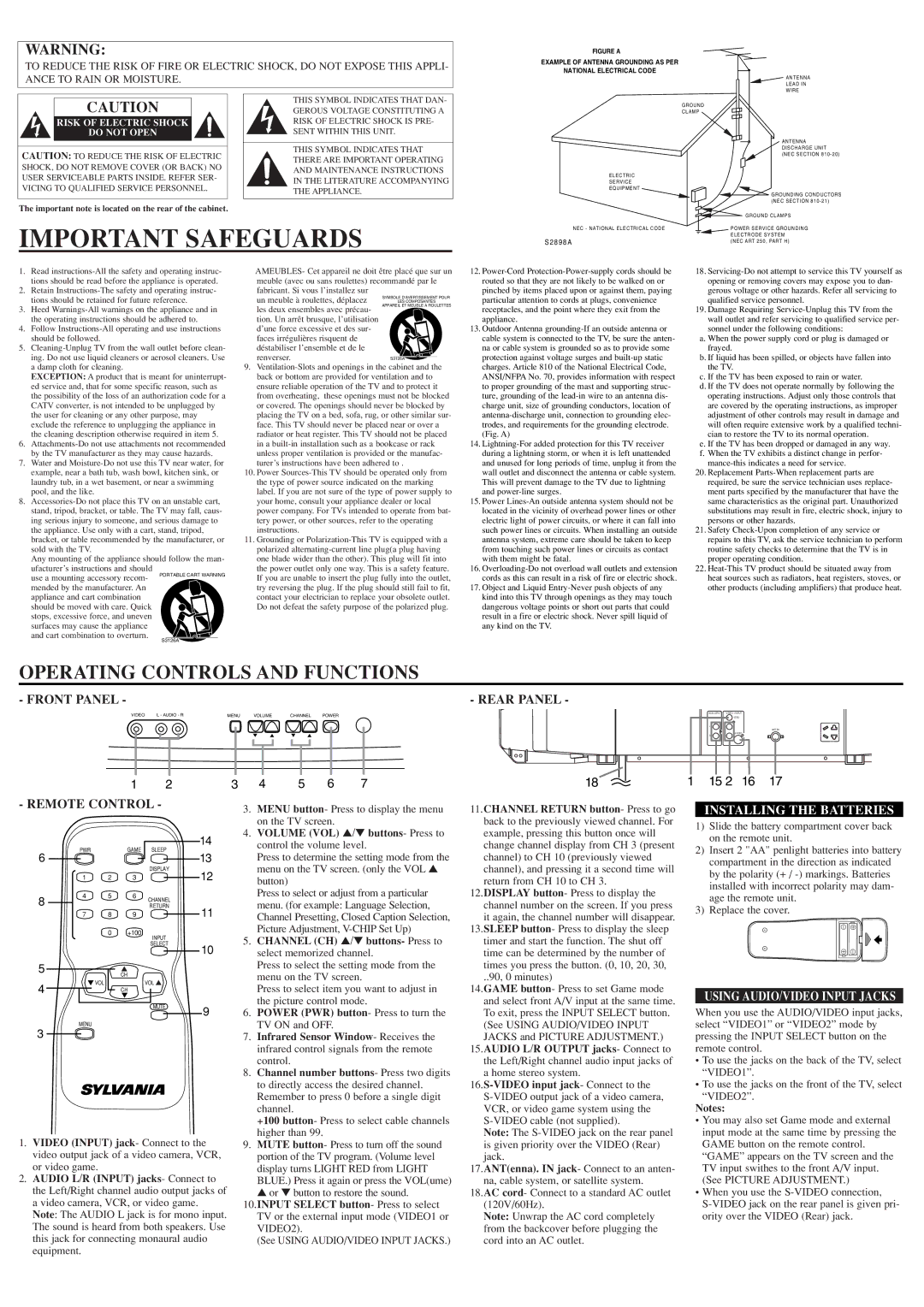 Sylvania SST4324S owner manual Important Safeguards, Rear Panel, Remote Control, Installing the Batteries 