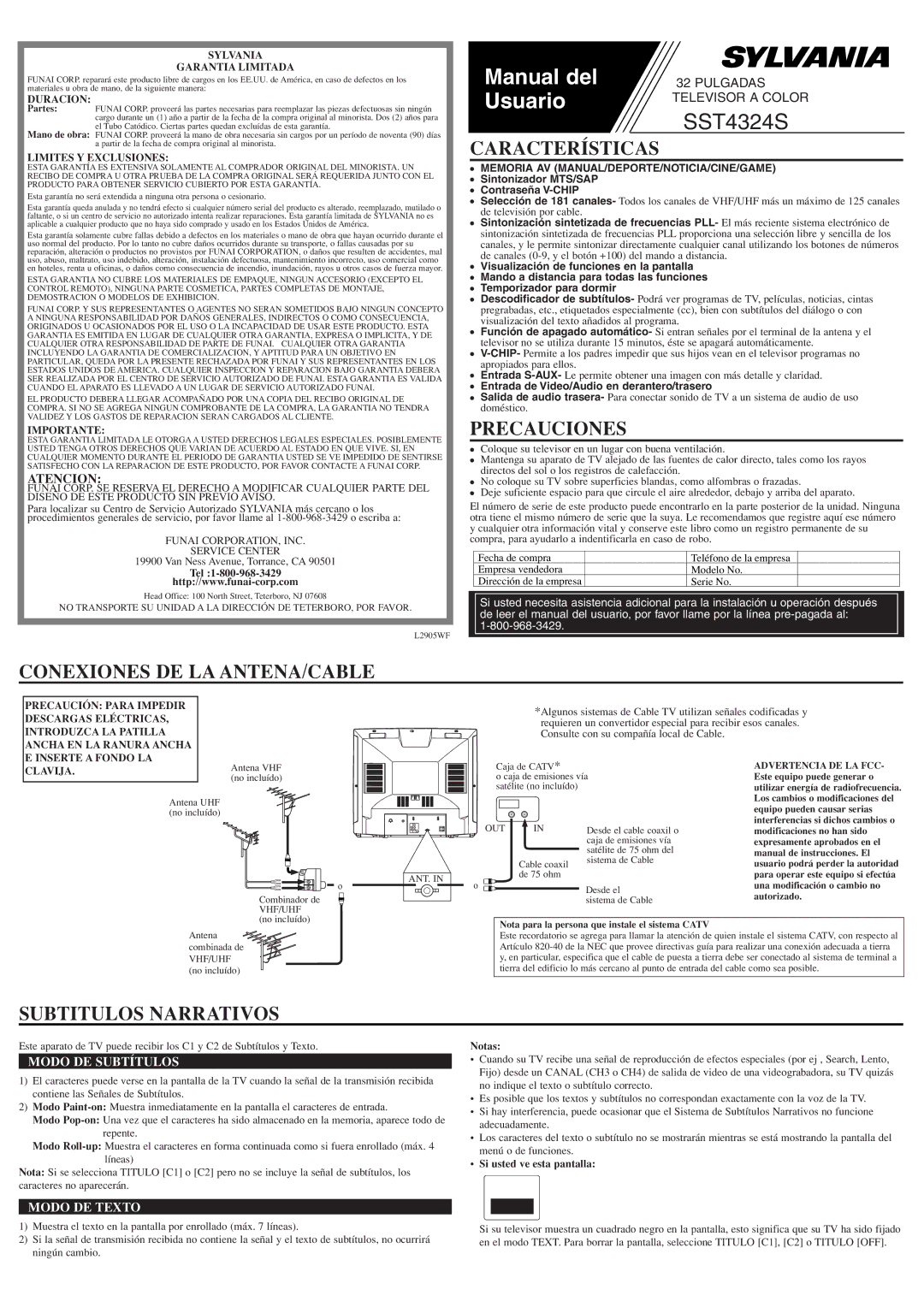 Sylvania SST4324S owner manual Características, Precauciones, Conexiones DE LA ANTENA/CABLE, Subtitulos Narrativos 