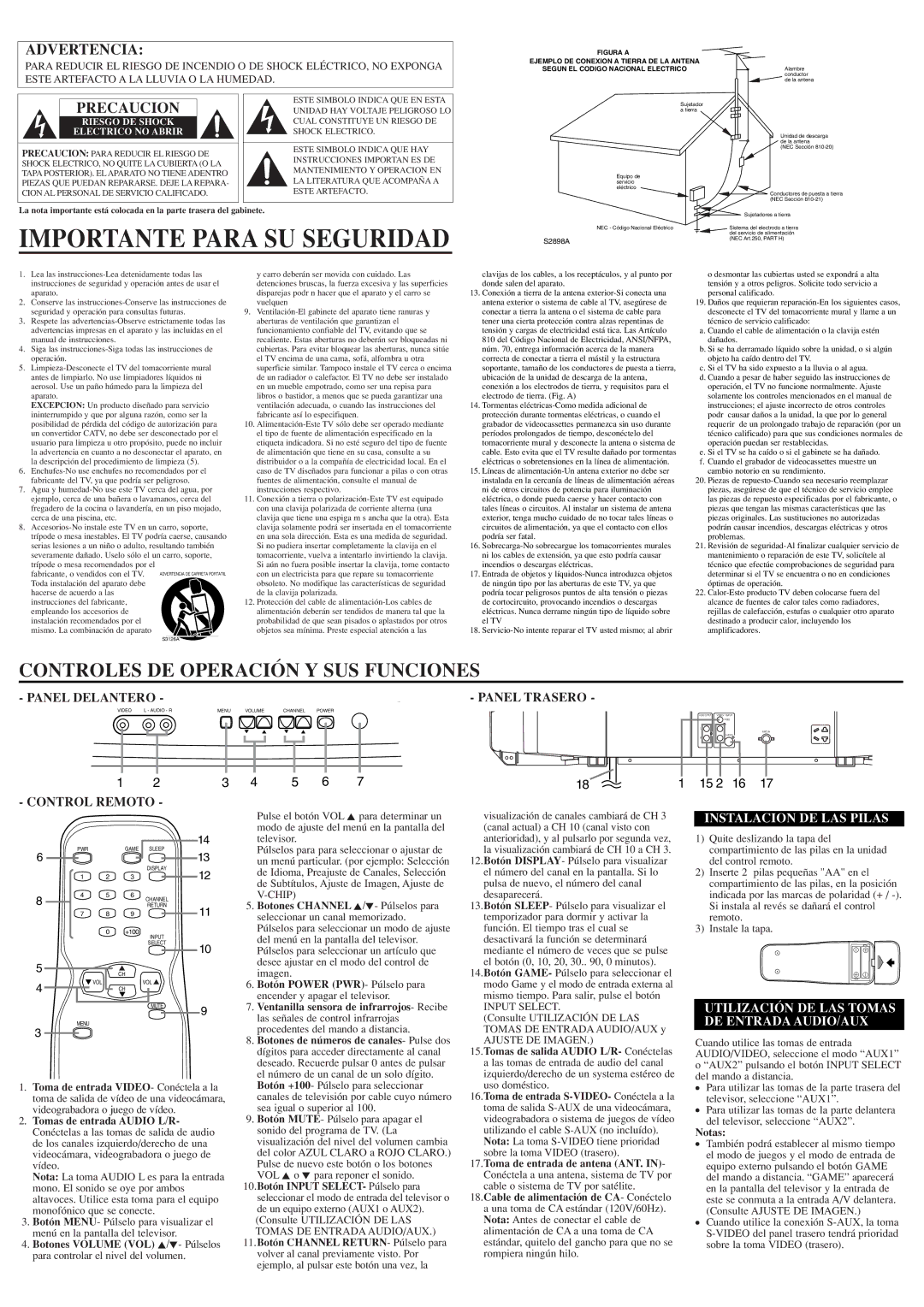 Sylvania SST4324S owner manual Importante Para SU Seguridad, Control Remoto Panel Trasero, Instalacion DE LAS Pilas 