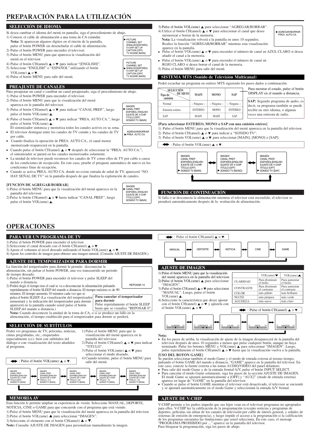 Sylvania SST4324S owner manual Preparación Para LA Utilización, Operaciones 