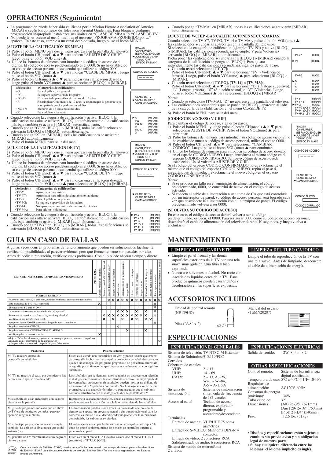 Sylvania SST4324S Operaciones Seguimiento, Guia EN Caso DE Fallas, Mantenimiento, Accesorios Incluidos, Especificaciones 