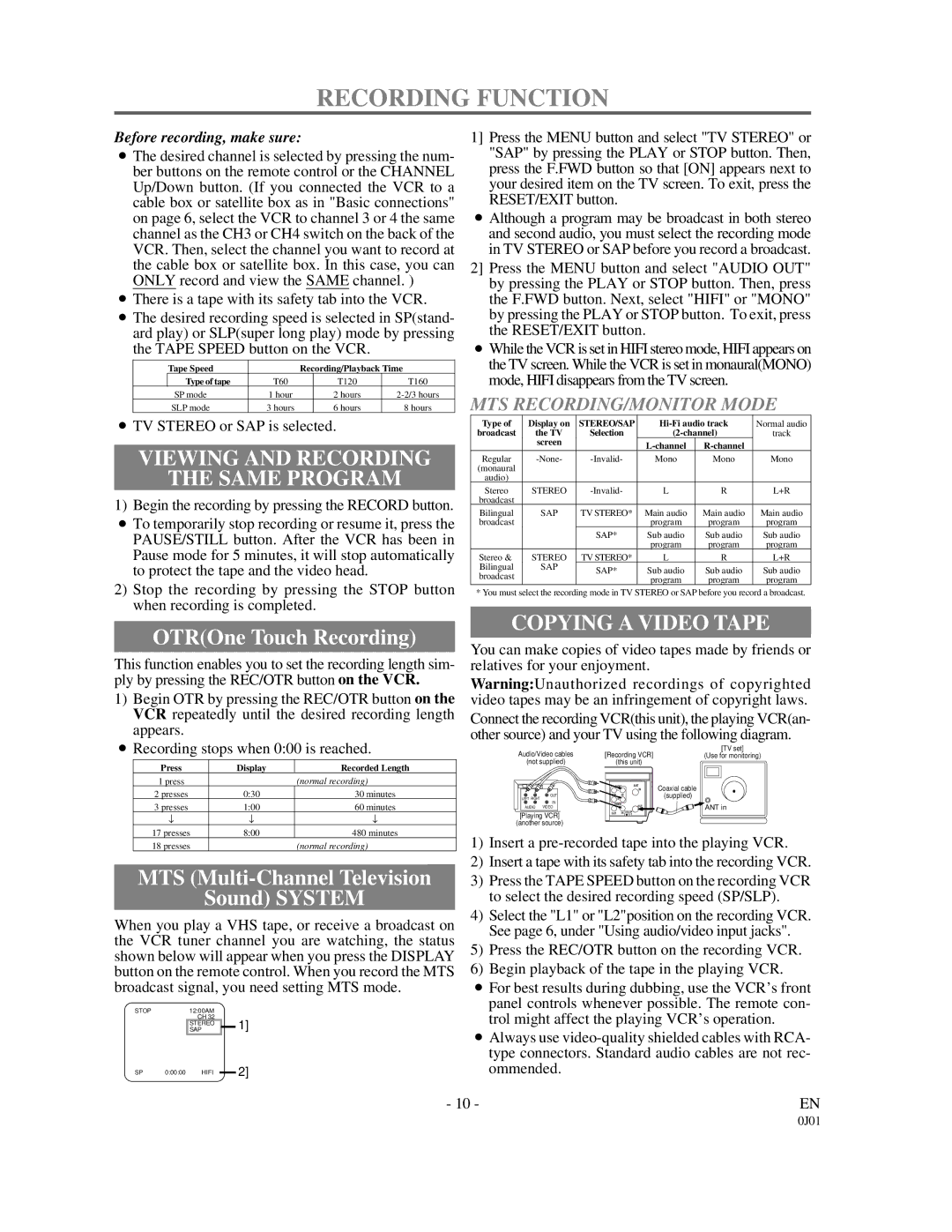 Sylvania SSV6001 Recording Function, Viewing and Recording Same Program, Copying a Video Tape, MTS RECORDING/MONITOR Mode 